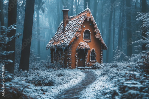 Whimsical gingerbread house stands amidst snowy trees in a magical forest