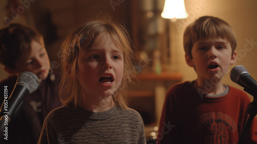 Three children are singing into microphones photo