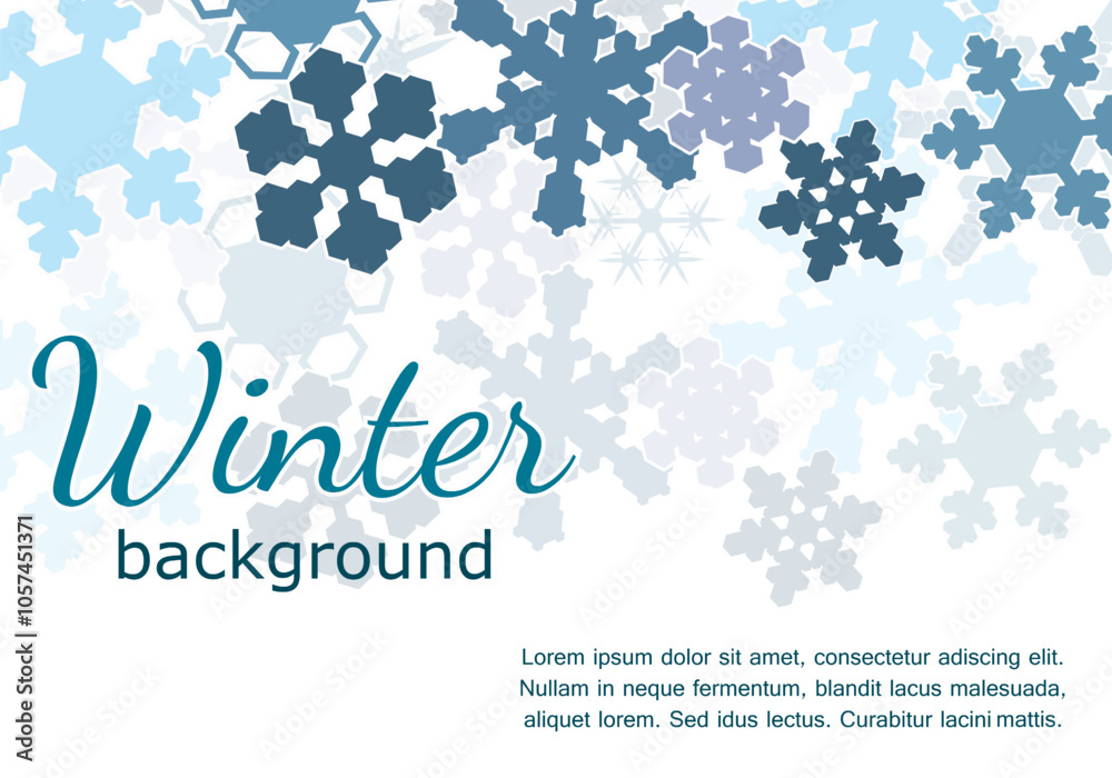 winter background template. minimalistic card with blue silhouettes of different snowflakes on white background. horizontal vector illustration for backdrop, greeting, invitation, poster, banner winter background template. minimalistic card with blue silhouettes of different snowflakes on white background. horizontal vector illustration for backdrop, greeting, invitation, poster, banner
