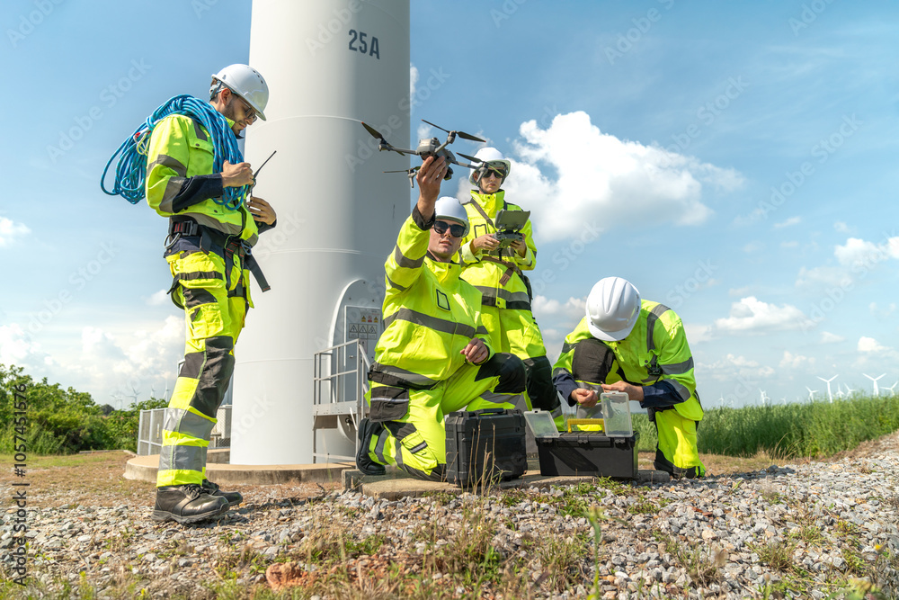 Team of engineers in uniform with helmet safety using drone for ...