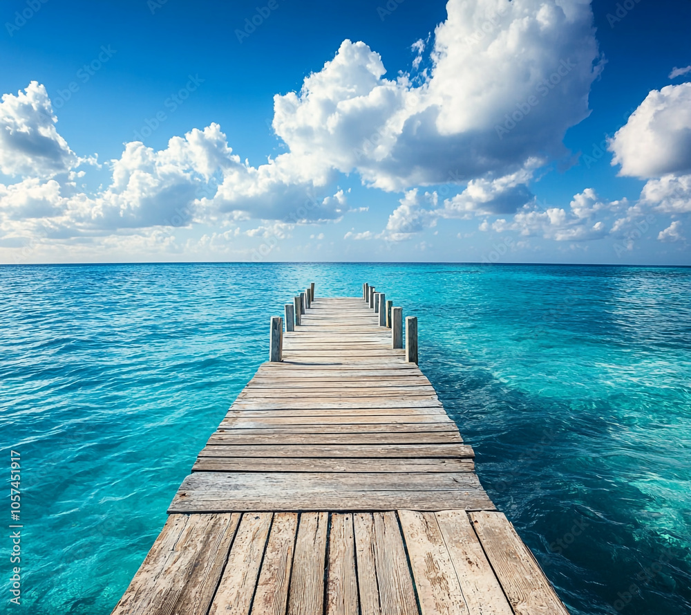 Obraz premium A wooden pier is in front of a beautiful blue ocean. The sky is cloudy, but the water is calm and clear.