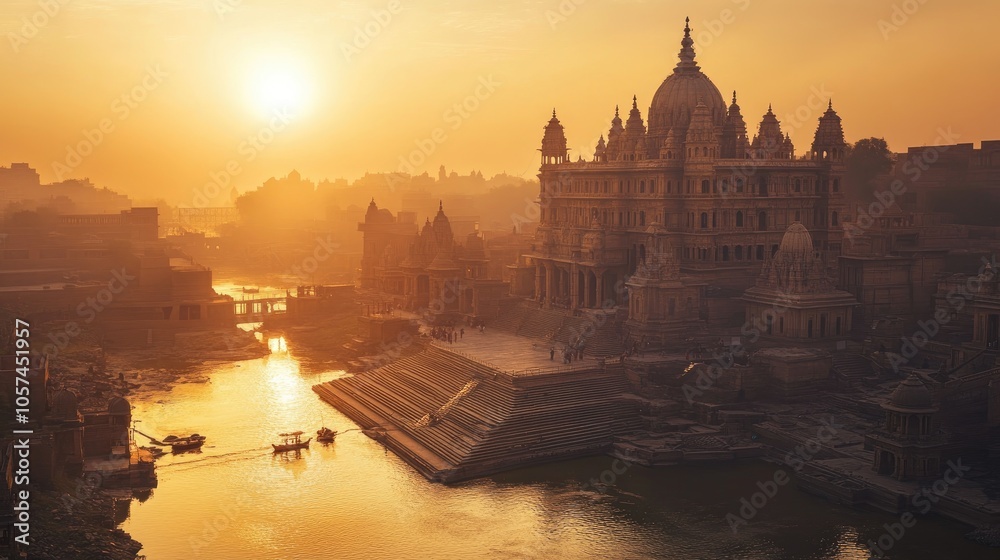Naklejka premium Ayodhya's Shri Ram Mandir bathed in golden light, symbolizing divine structure and cultural pride in Hinduism.
