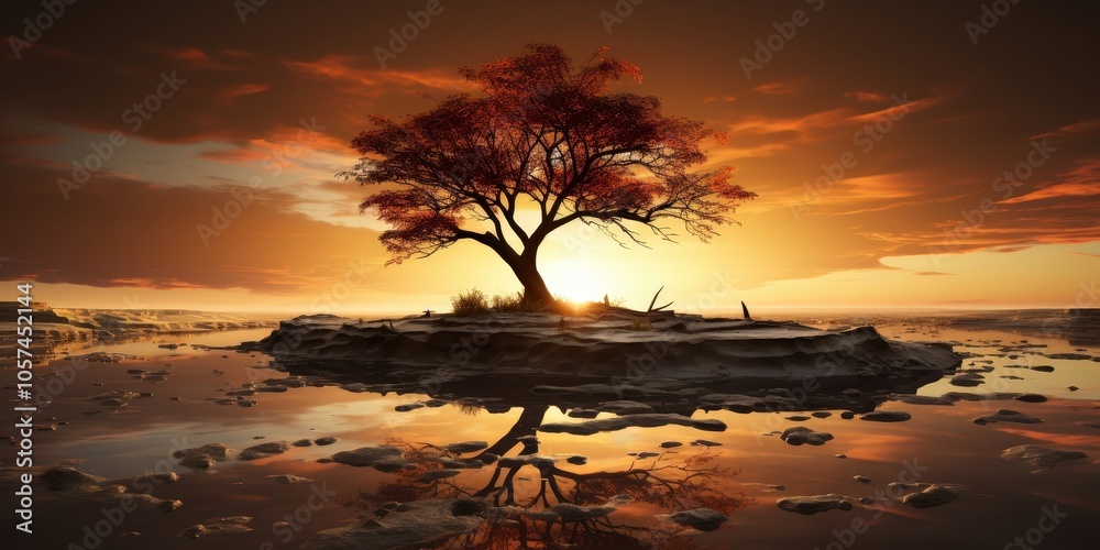 A solitary tree stands on a rocky island, its reflection mirroring the golden sunset hues on the calm waters A solitary tree stands on a rocky island, its reflection mirroring the golden sunset hues on the calm waters