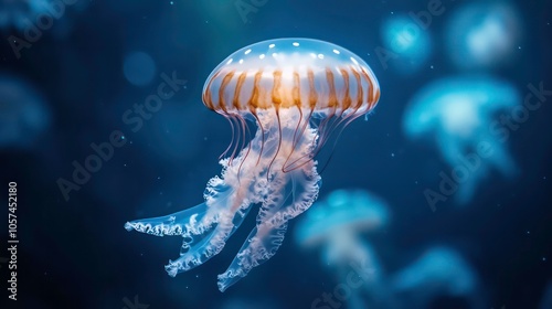 A luminous jellyfish gracefully swimming in a deep blue ocean.