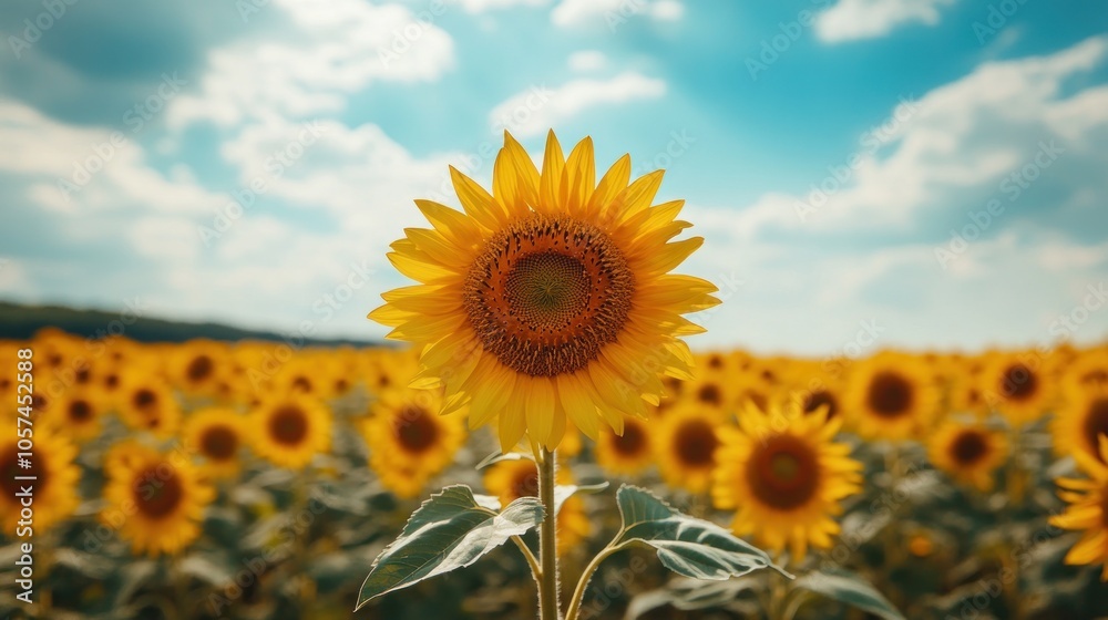 Obraz premium Single Sunflower in a Field of Yellow Blooms Under a Blue Sky