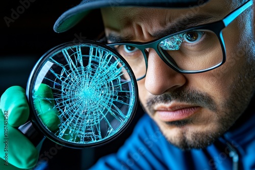 Detective analyzing a broken window at a crime scene, looking for clues in the glass shards, capturing the observational skills necessary in forensics, symbolizing perception and analysis photo