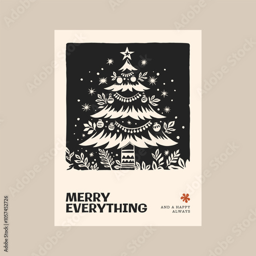 Merry Christmas and Happy New Year vertical flyer or poster template. Modern trendy Matisse minimal style. Hand drawn design for wallpaper, wall decor, print, postcard, cover, template, banner.