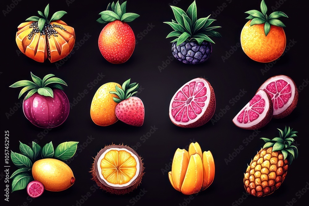 A vibrant collection of illustrated fruits on a dark background. A vibrant collection of illustrated fruits on a dark background.
