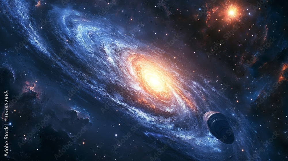 The comet passes by a giant spiral galaxy, illuminating the surrounding stars with its bright trail generative ai The comet passes by a giant spiral galaxy, illuminating the surrounding stars with its bright trail generative ai