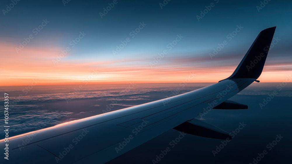Wing view of a passenger airplane flying above clouds during a vibrant sunset, with a colorful sky and horizon in the background. Wing view of a passenger airplane flying above clouds during a vibrant sunset, with a colorful sky and horizon in the background.