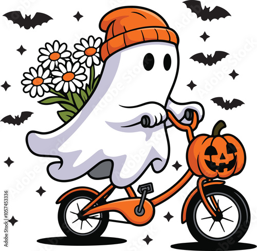 A large sticker with a cute, cartoonish ghost wearing a knitted orange hat and riding a bicycle.