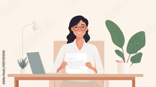 A successful saleswoman sitting at her desk, holding a signed contract, smiling after closing a big sale in her office