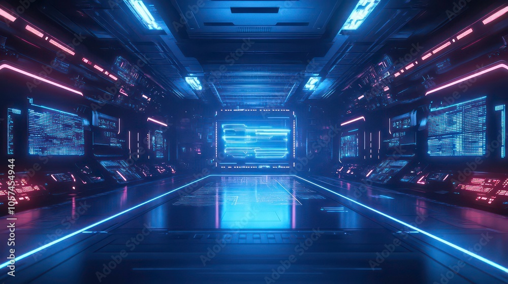 Futuristic corridor with illuminated screens and advanced technology interfaces. Futuristic corridor with illuminated screens and advanced technology interfaces.