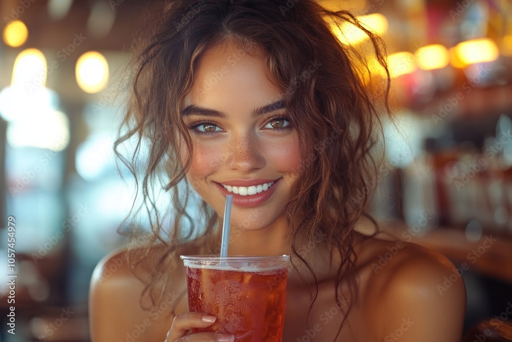 A smiling person enjoying a refreshing drink in a lively café setting.