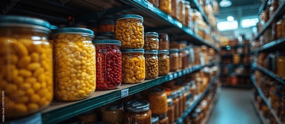 A vibrant display of jars filled with various colorful food items on store shelves.