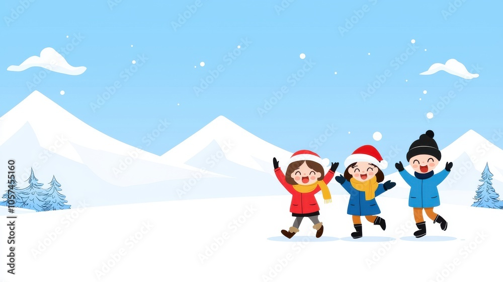 Joyful Children Playing in Snowy Winter Wonderland Joyful Children Playing in Snowy Winter Wonderland