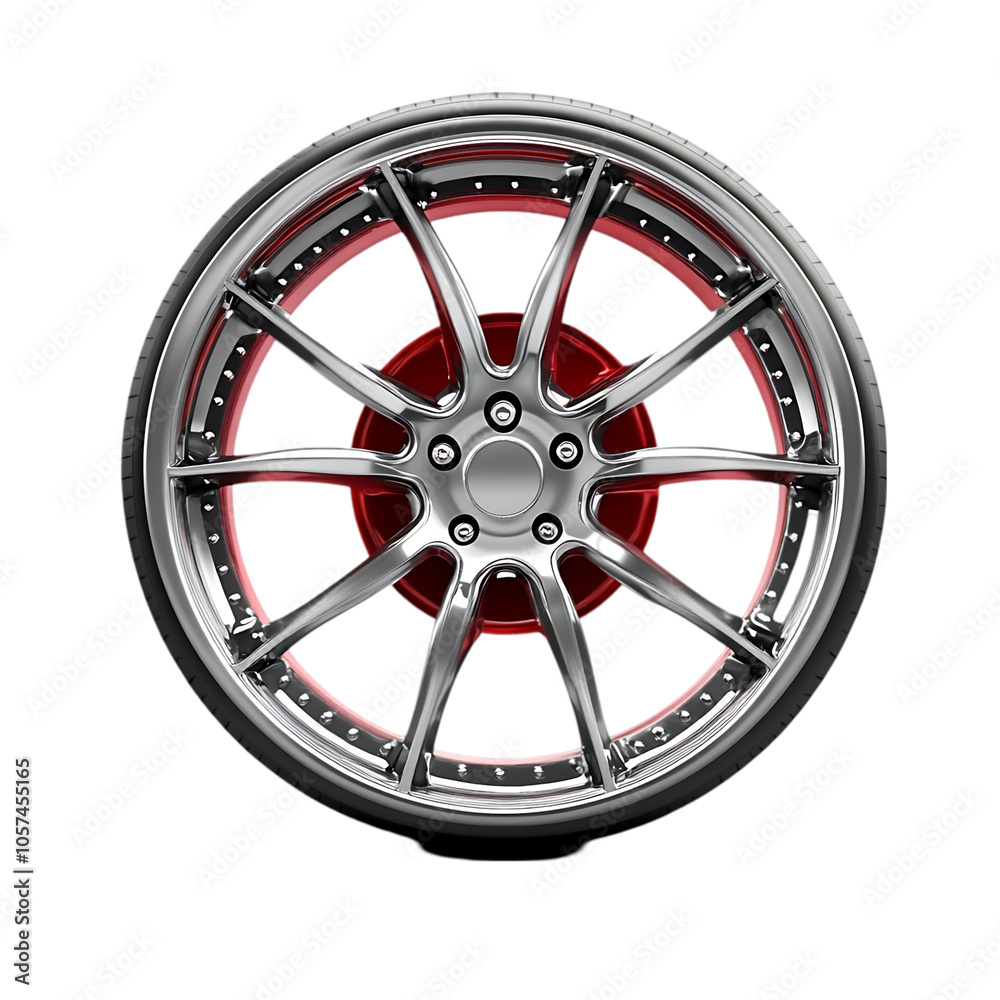 Close-up of a silver car wheel with red accents. Close-up of a silver car wheel with red accents.