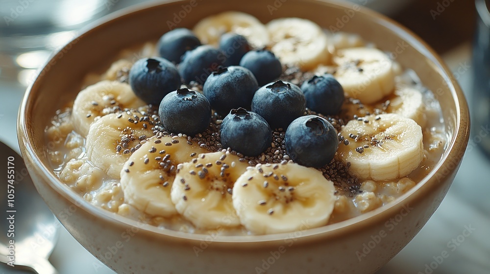 A bowl of oatmeal topped with banana slices, blueberries, and chia seeds for a healthy breakfast. A bowl of oatmeal topped with banana slices, blueberries, and chia seeds for a healthy breakfast.