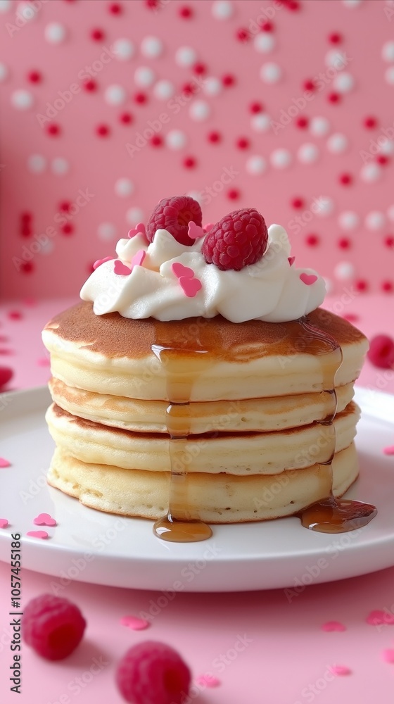 A stack of fluffy pancakes drizzled with syrup, topped with whipped cream, raspberries, and heart sprinkles A stack of fluffy pancakes drizzled with syrup, topped with whipped cream, raspberries, and heart sprinkles