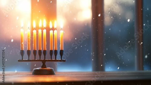 A beautifully lit menorah with nine glowing candles, set by a window with snow gently falling outside, celebrating Hanukkah photo