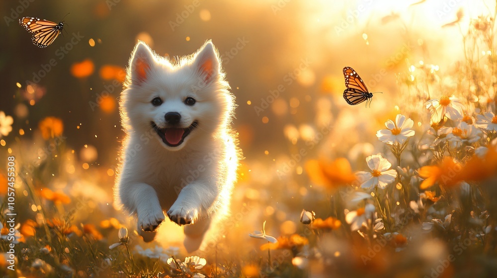 Obraz premium Animal with flower. Cute husky dog puppy running flower garden with butterfly. Surreal fantasy landscape background. Funny creative pet animal character greeting card hilarious message card wallpaper