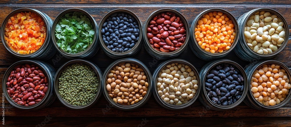 A colorful arrangement of various legumes and grains in containers on a wooden surface.