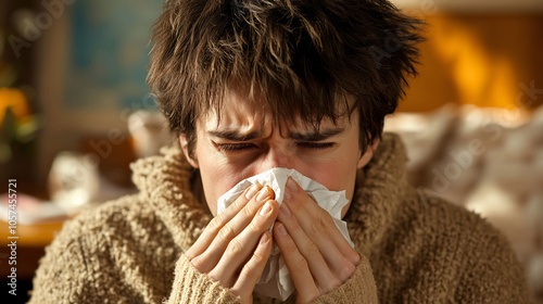 sick man blowing his nose with tissue close up indoor portrait brown sweater sadness illness flu cold sickness tired feeling under the weather sick day