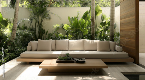 Luxuoso pátio ao ar livre com sofá elegante, mesa de centro e plantas decorativas, criando uma atmosfera serena e convidativa para relaxamento photo