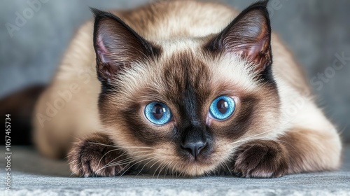 Siamese cat with bright blue eyes on a solid gray background, sleek and elegant photo