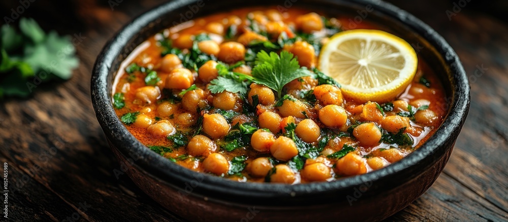 A vibrant bowl of chickpea curry garnished with lemon and cilantro, showcasing delicious food. A vibrant bowl of chickpea curry garnished with lemon and cilantro, showcasing delicious food.