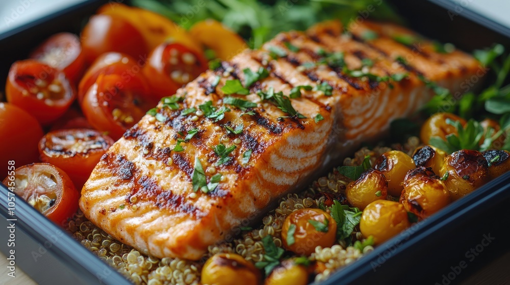 A healthy meal featuring grilled salmon, quinoa, and roasted tomatoes arranged in a bowl. A healthy meal featuring grilled salmon, quinoa, and roasted tomatoes arranged in a bowl.