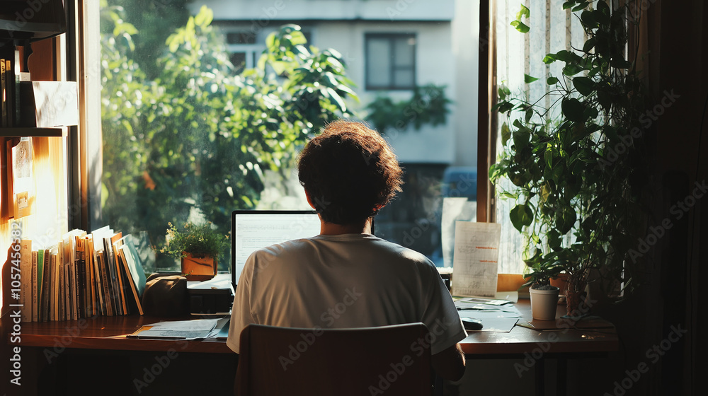 A student attending an online class from home, perfect for remote education and e-learning themes. A student attending an online class from home, perfect for remote education and e-learning themes.