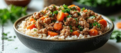 A bowl of rice topped with seasoned ground meat and carrots, garnished with herbs.