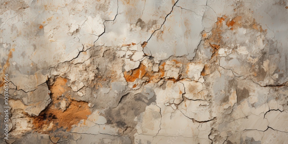 Naklejka premium Cracked and peeling plaster reveals a glimpse of the past, a weathered testament to time and decay.