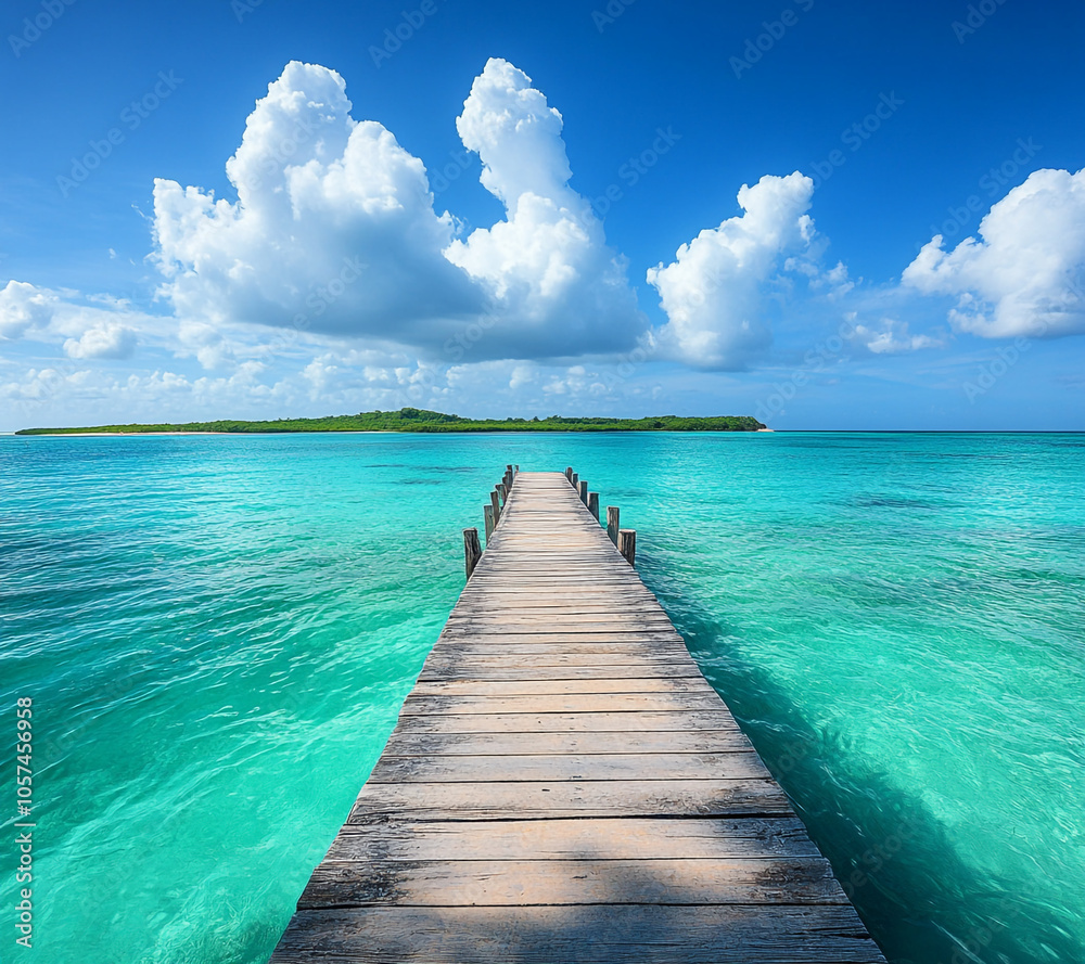 Naklejka premium A wooden pier is in front of a beautiful blue ocean. The sky is cloudy, but the water is calm and clear.