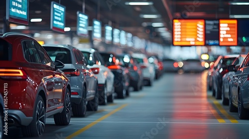 Diverse Car Rental Vehicles Parked at Airport Terminal with Digital Signage Displays