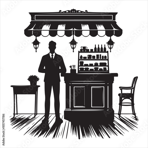 Black silhouette of a grocer weighing products on a white background