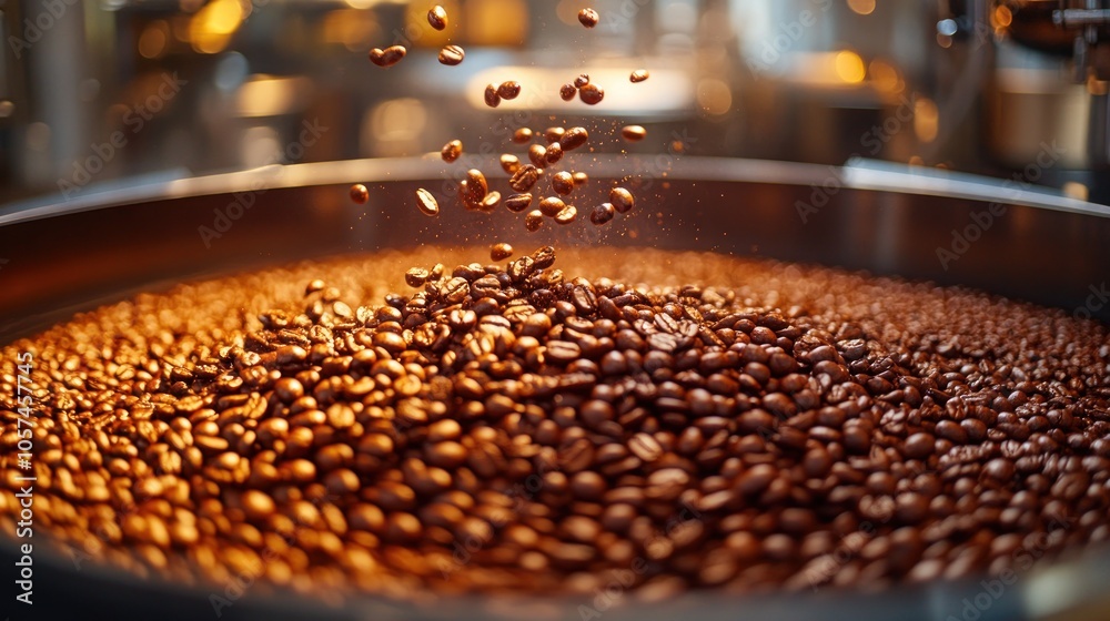 A close-up of coffee beans being poured into a large container, showcasing their rich texture. A close-up of coffee beans being poured into a large container, showcasing their rich texture.