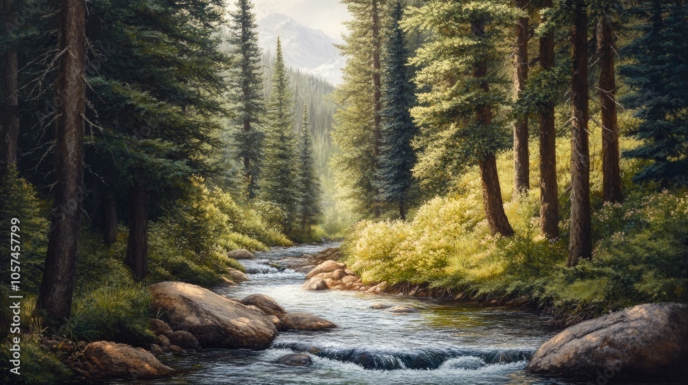 Obraz premium Tranquil forest stream flowing gently through tall pine trees, creating a peaceful ambiance in nature. The serene forest stream invites relaxation with ample copy space for design needs.