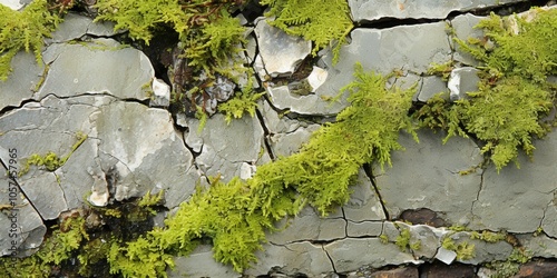 A vibrant green moss thrives in the cracks and crevices of weathered stone, a testament to nature's resilience in even the most inhospitable of environments.