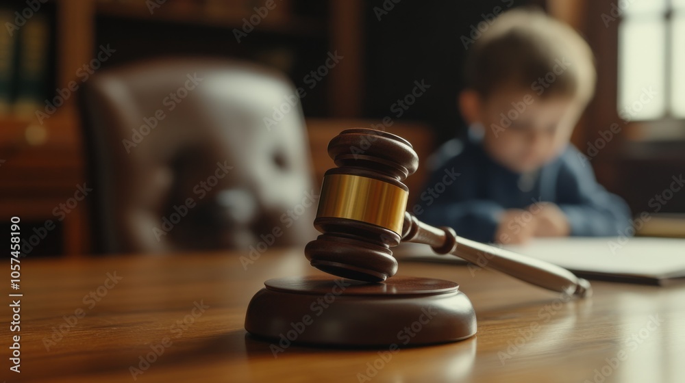 Gavel on a legal desk with an out of focus child playing in the background, child custody generative ai Gavel on a legal desk with an out of focus child playing in the background, child custody generative ai