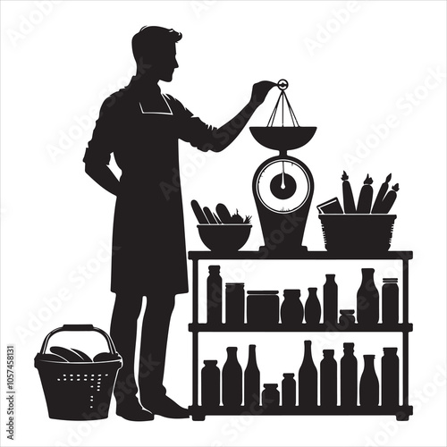 Black silhouette of a grocer weighing products on a white background