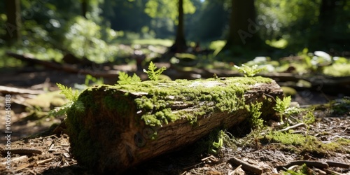 A moss-covered log rests amongst the dappled sunlight and green foliage of a forest floor.