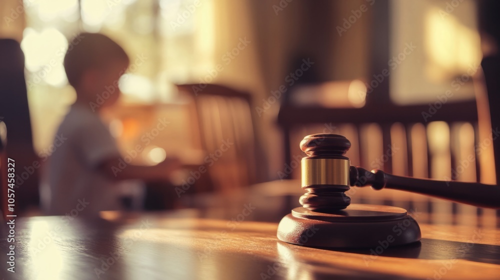 Gavel on a legal desk with an out of focus child playing in the background, child custody generative ai Gavel on a legal desk with an out of focus child playing in the background, child custody generative ai