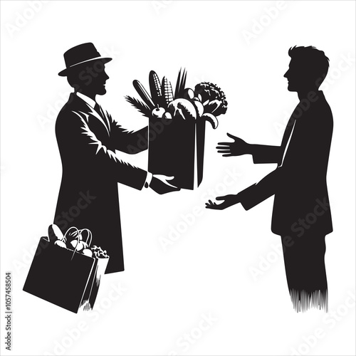 Black silhouette of a grocer weighing products on a white background