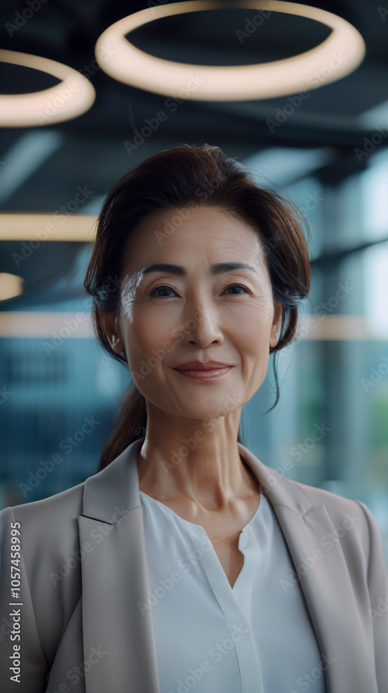 Middle-aged Asian woman in suit with composed expression. Middle-aged Asian woman in suit with composed expression.