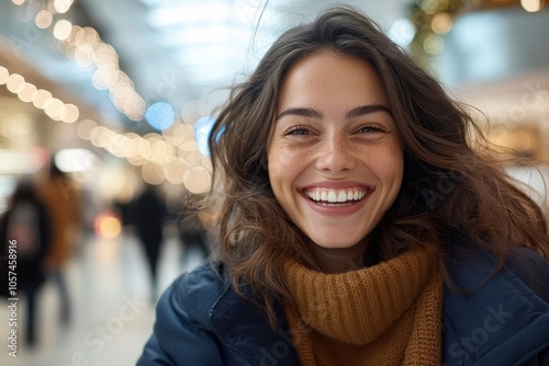 A cheerful woman in a blue coat, captured in a lively, brightly lit corridor, embodying joy and a sense of positive energy and warmth.