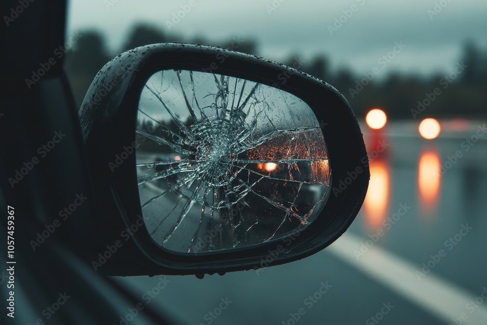 A cracked mirror in a car. The reflection of the car is blurry and the mirror is shattered