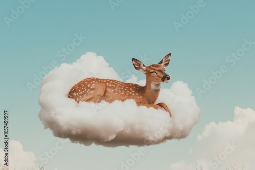 A deer is laying on top of a cloud, dreamy and whimsical feel to it photo