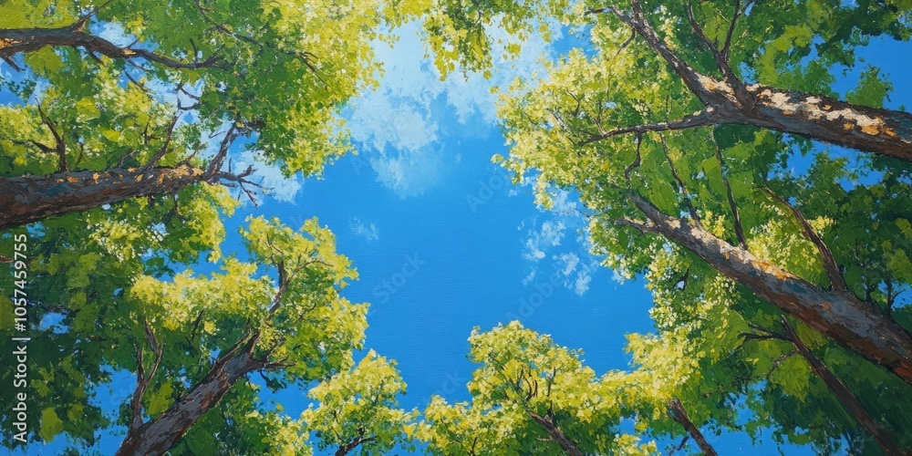 Fototapeta premium Vibrant green trees stretch beneath a bright blue sky. This embodies the essence of nature and the beauty it offers to our environment.